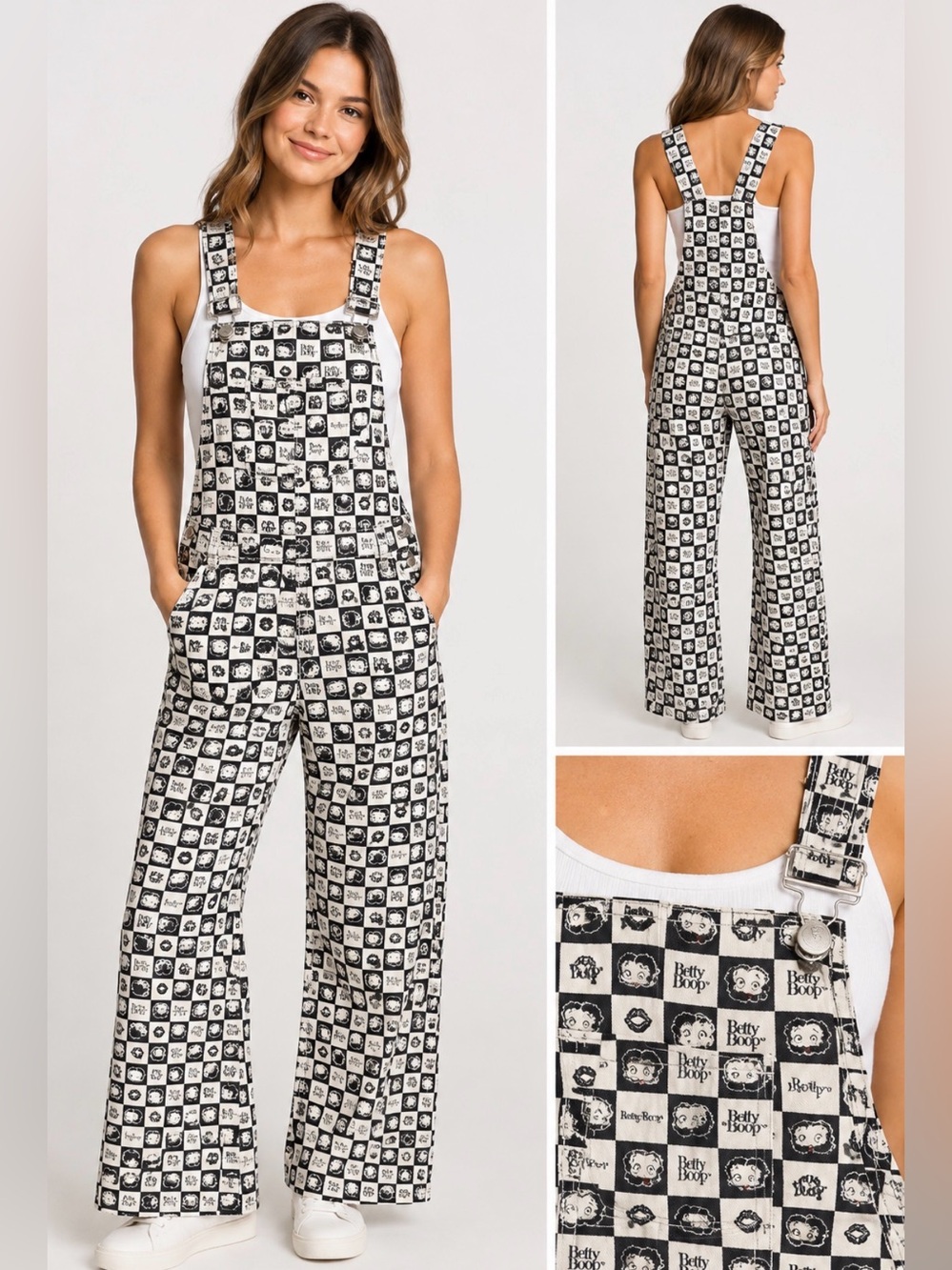 Betty Boop Black & White Checked Graphic Overall Jumpsuit